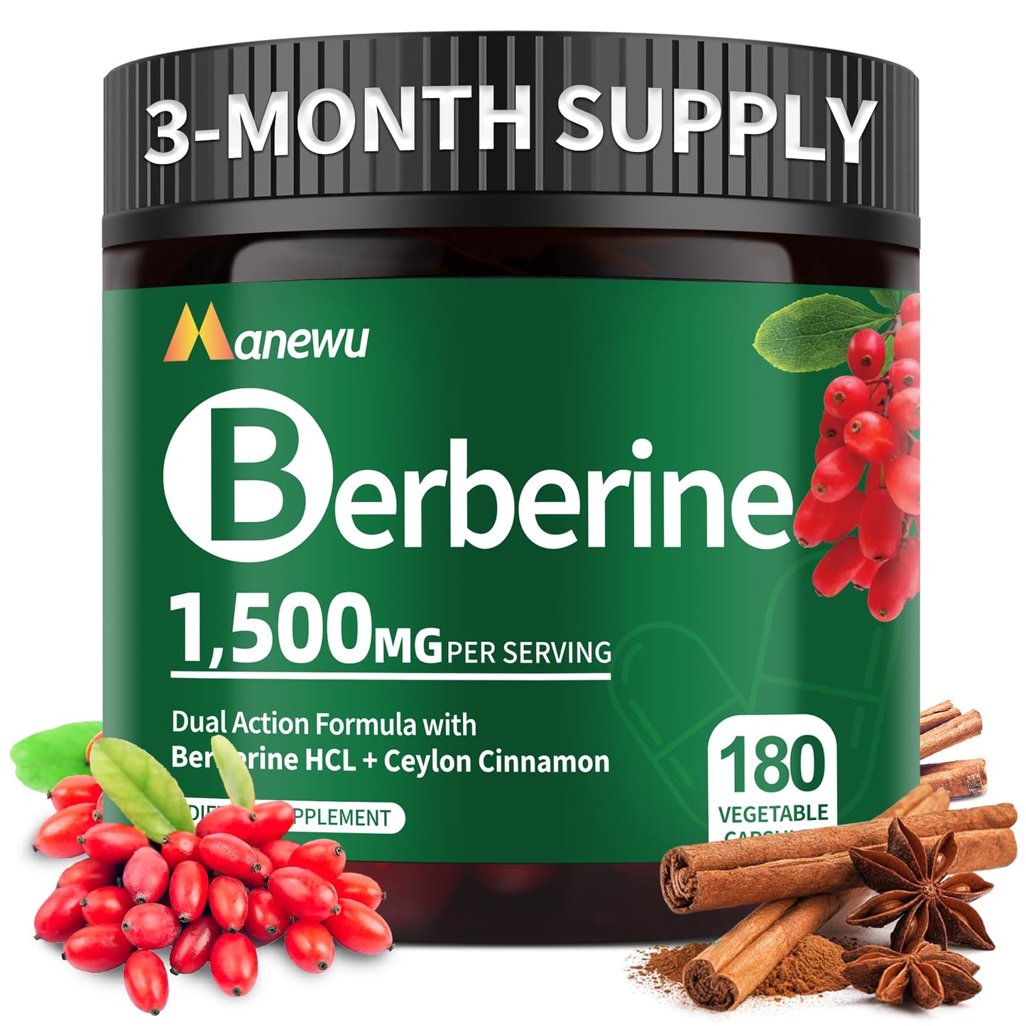 High-Potency Berberine 1500mg HCL Capsules with Pure Ceylon Cinnamon & Citrus Bergamot – Berberine Supplement for Metabolic Balance Immune Health and Overall Health – Vegan Non-GMO 180 Capsules