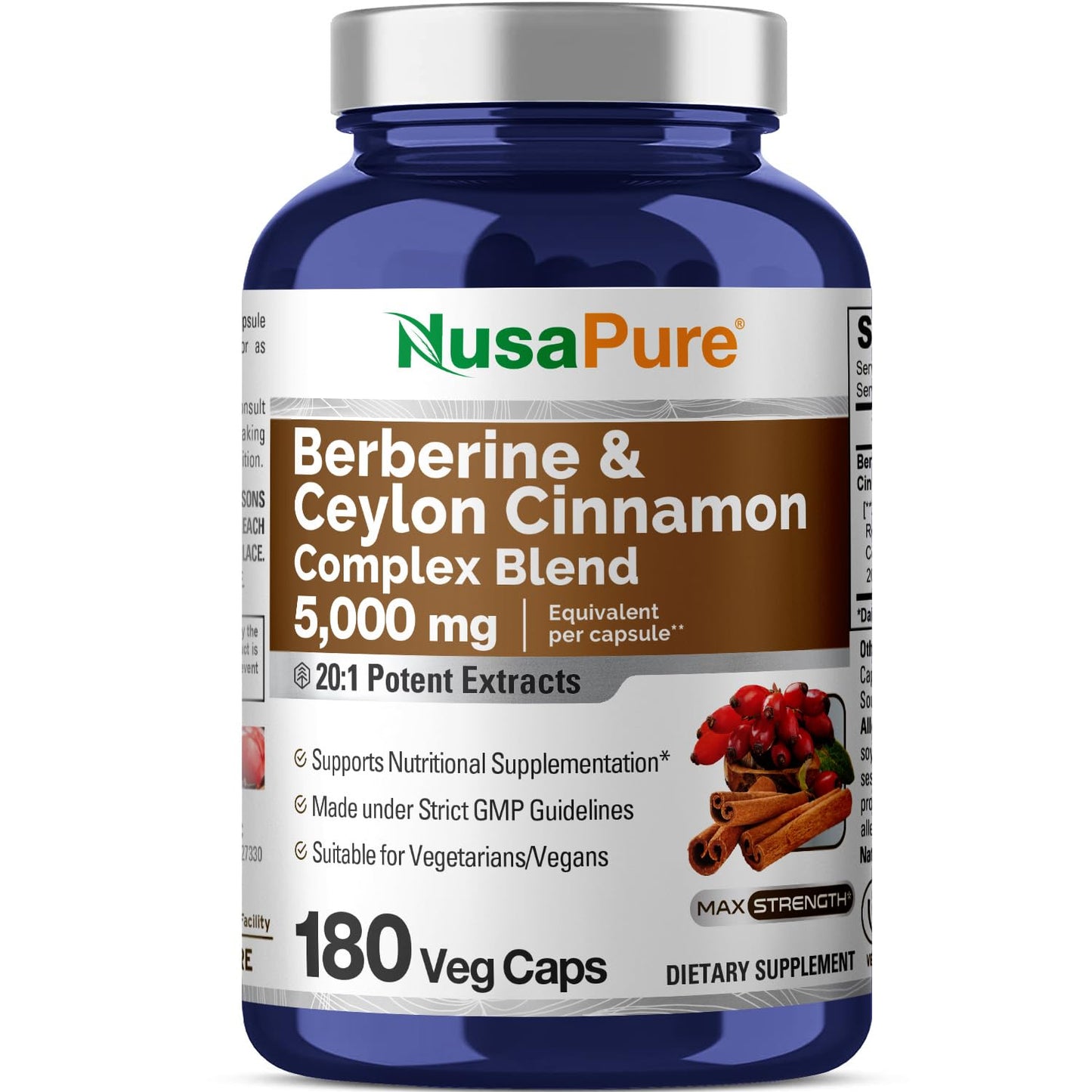NusaPure Berberine with Ceylon Cinnamon 5000mg 180 Veggie Capsules Vegetarian Non-GMO Supplement (Berberine Complex)