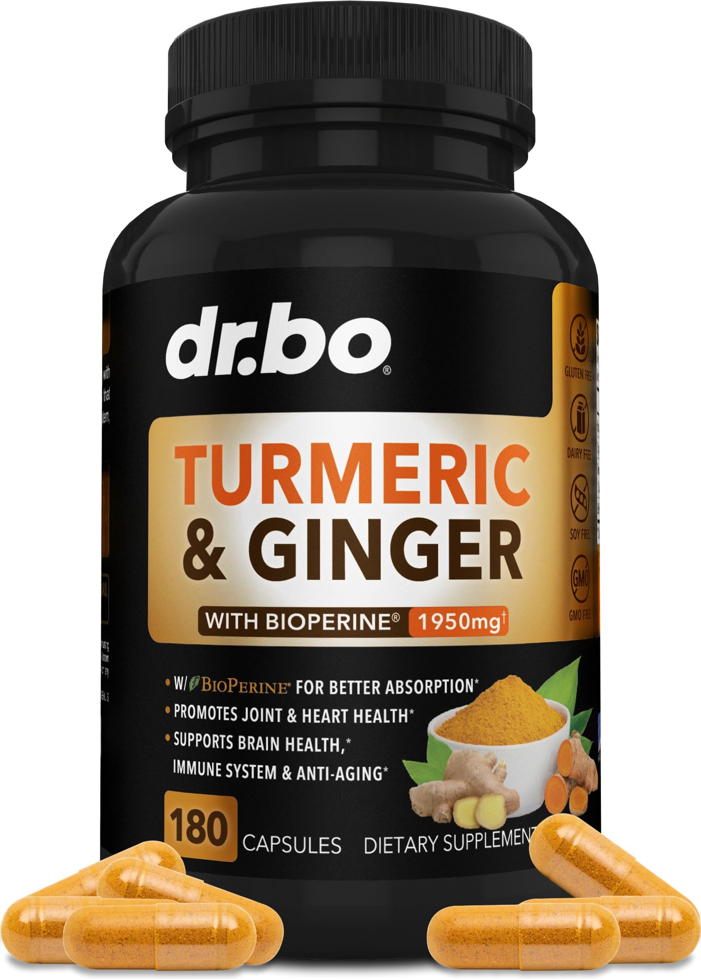 Turmeric Curcumin with BioPerine & Ginger Supplement - Knee Support Supplements & 1950mg Organic Tumeric and Curcumin BioPerine Black Pepper Extract Pills - Turmeric and Ginger Supplement 180 Capsules