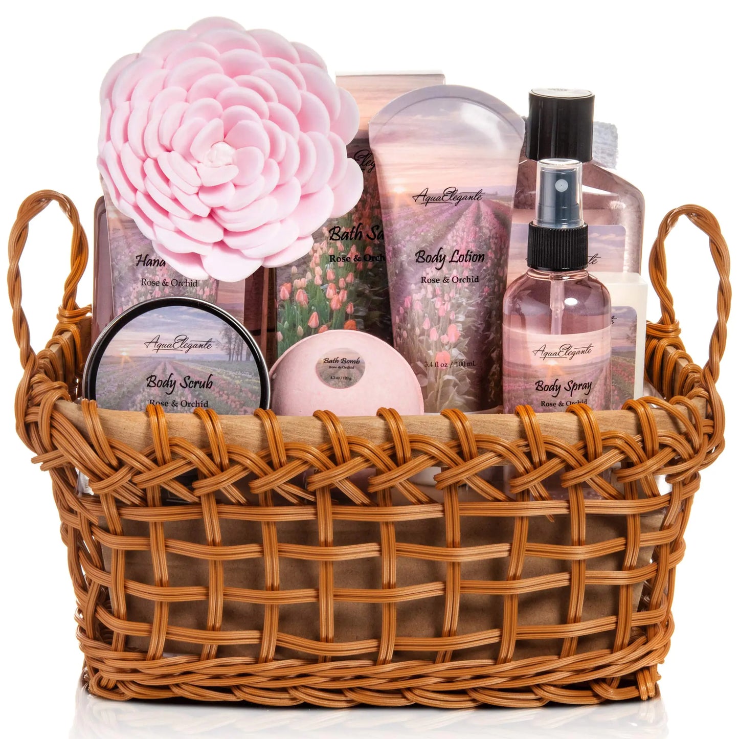 Spa Baskets For Women - Luxury Bath Set With Rose Oil & Orchid - Spa Kit Includes Wash Bubble Bath Lotion Bath Salts Body Scrub Body Spray Shower Puff Bathbombs Soap and Towel
