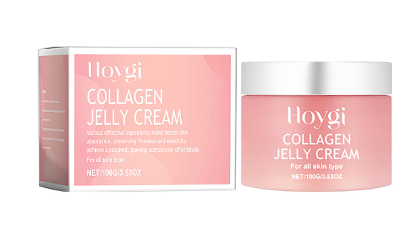 Hoygi Collagen Jelly Cream jar and pink gradient box; pink face moisturizer.