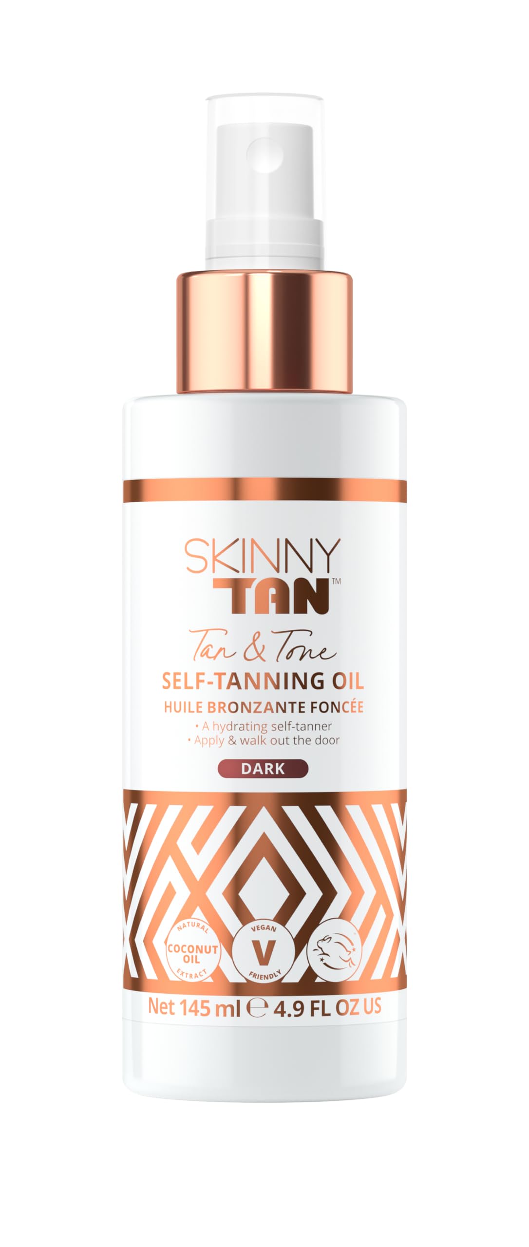 Skinny Tan Tan & Tone Self-Tanning Oil Spray, Dark shade, 4.9 oz, rose-gold cap