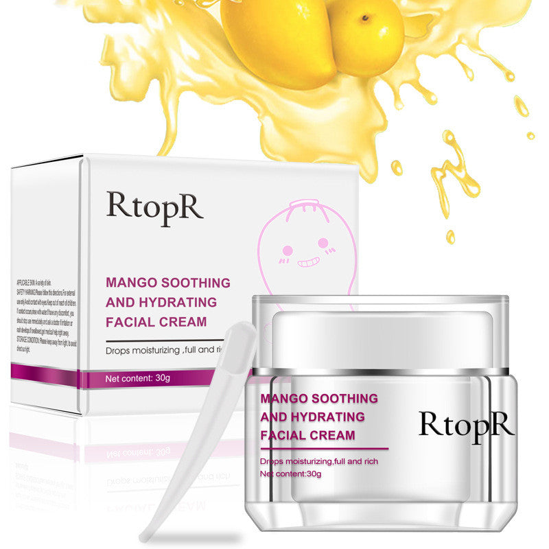 Mango Soothing and Hydrating Facial Cream by RtopR, jar and box, white with pink label, 30g