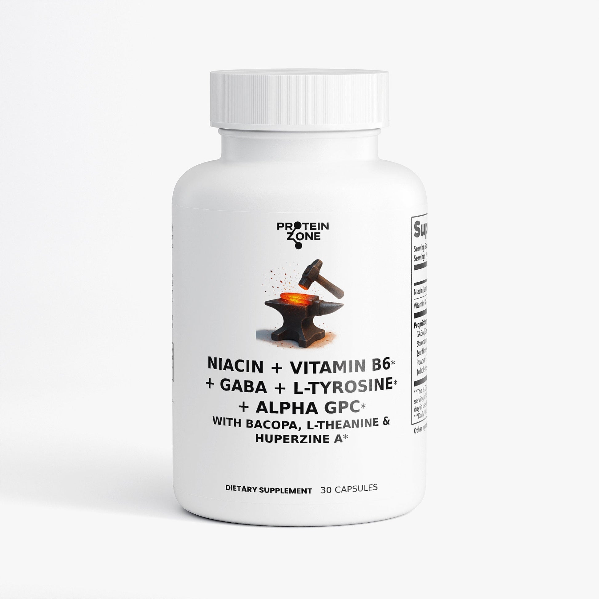 Supplement bottle labeled 'Protein Zone' with various ingredients on a white background