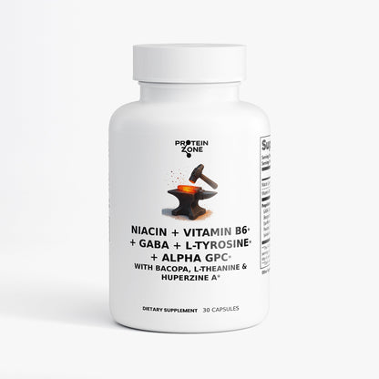 Supplement bottle labeled 'Protein Zone' with various ingredients on a white background