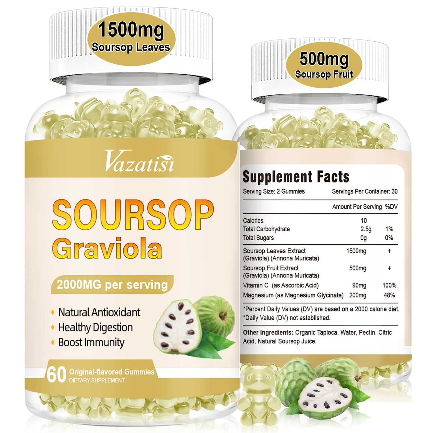 Vazatisi 2 Pack Soursop Graviola Gummeis Organic Soursop Leaves and Fruit Extract 2000mg for Cell Support & Regeneration Immune Boost Digestive Aid Sugar Free/Vegan Original Flavor