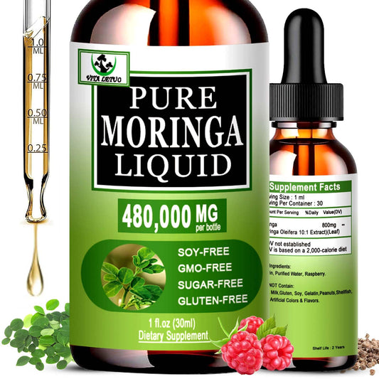 Two bottles of Moringa Liquid Drops by Elixir-369; green-labeled bottle with dropper, 1 fl oz (30 ml) each