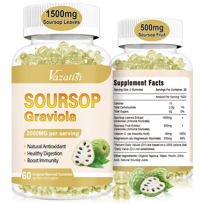 Vazatisi 2 Pack Soursop Graviola Gummeis Organic Soursop Leaves and Fruit Extract 2000mg for Cell Support & Regeneration Immune Boost Digestive Aid Sugar Free/Vegan Original Flavor
