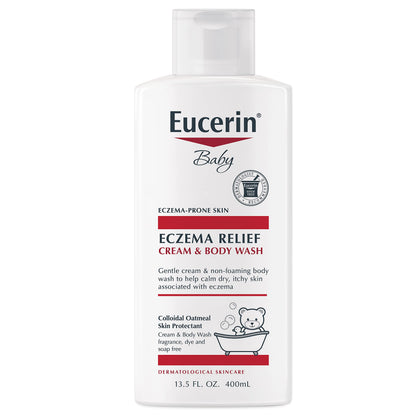 Eucerin Baby Eczema Relief Cream & Body Wash bottle, fragrance-free with colloidal oatmeal, 13.5 oz