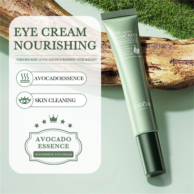 Eye Cream for Dark Circles, Puffiness & Fine Lines by Elixir-369; green avocado-essence tube beside branded packaging.