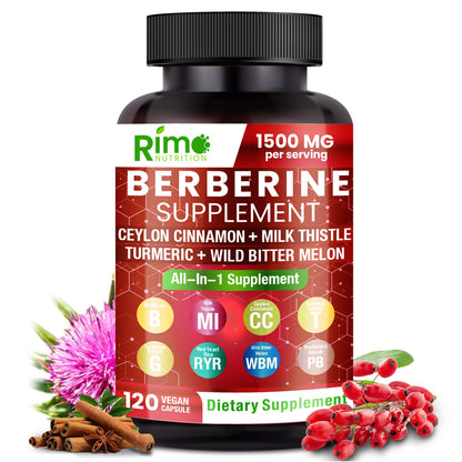 Berberine supplement bottle by Rimo Nutrition, dark glass bottle with black cap, 1500 mg per serving
