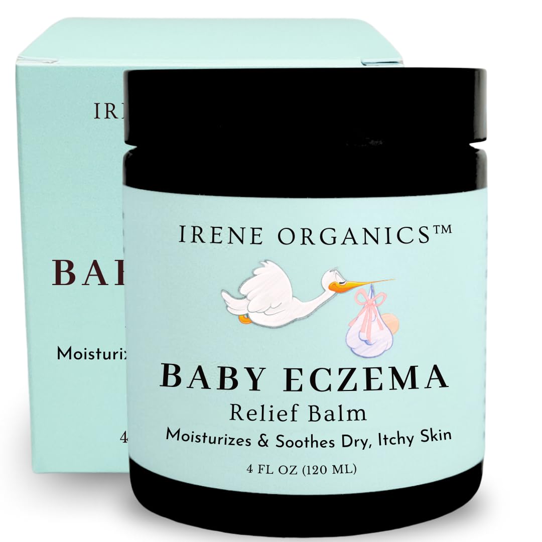 Irene Organics Baby Eczema Relief Balm jar with light-blue label and stork graphic, boxed set (4 oz/120 ml).