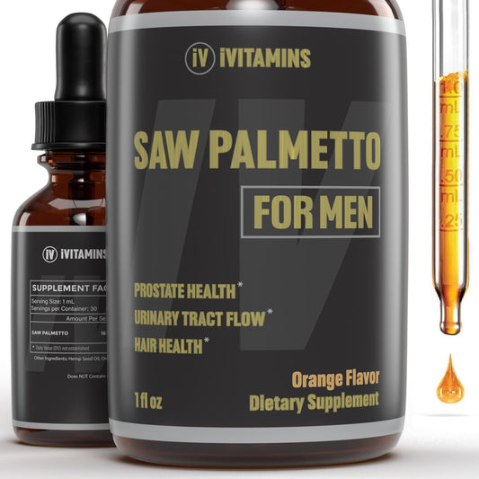 Saw Palmetto for Men dietary supplement bottle; iVITAMINS label, amber glass with dropper
