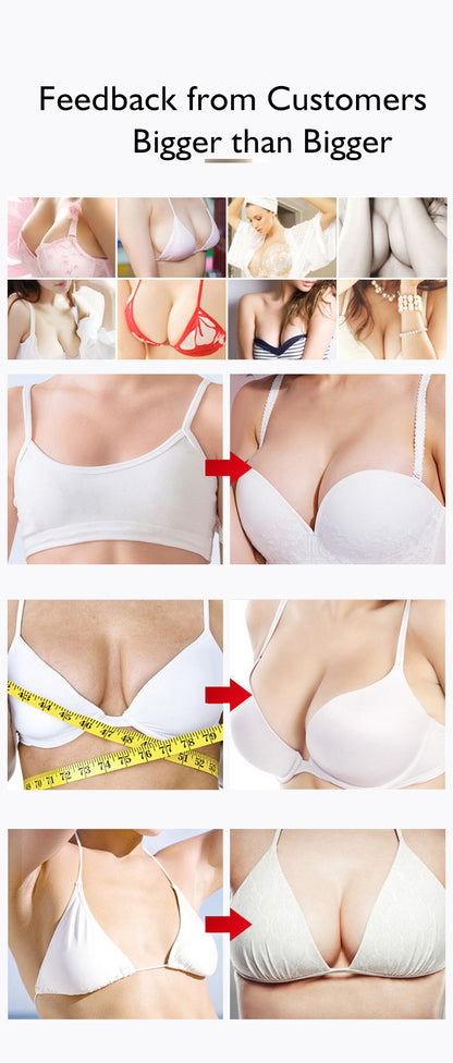 Hip and Breast Enhancement Body Beauty Cream collage featuring white bras and before-and-after bust visuals