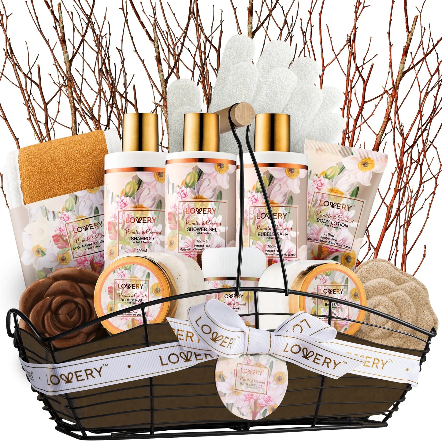 Valentines Gift Set Bath and Body Gift Set for Women and Men Vanilla Coconut Birthday Gift Basket 13pc Spa Gift Set Gifts for Mom Gift Sets for Women - Bath Bomb Body Lotion Bubble Bath & More