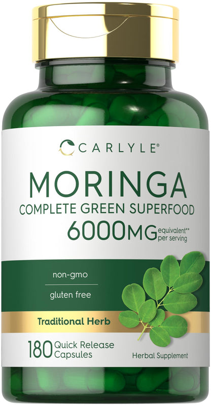 Carlyle Moringa Oleifera supplement bottle with green capsules, white label, non-GMO and gluten-free