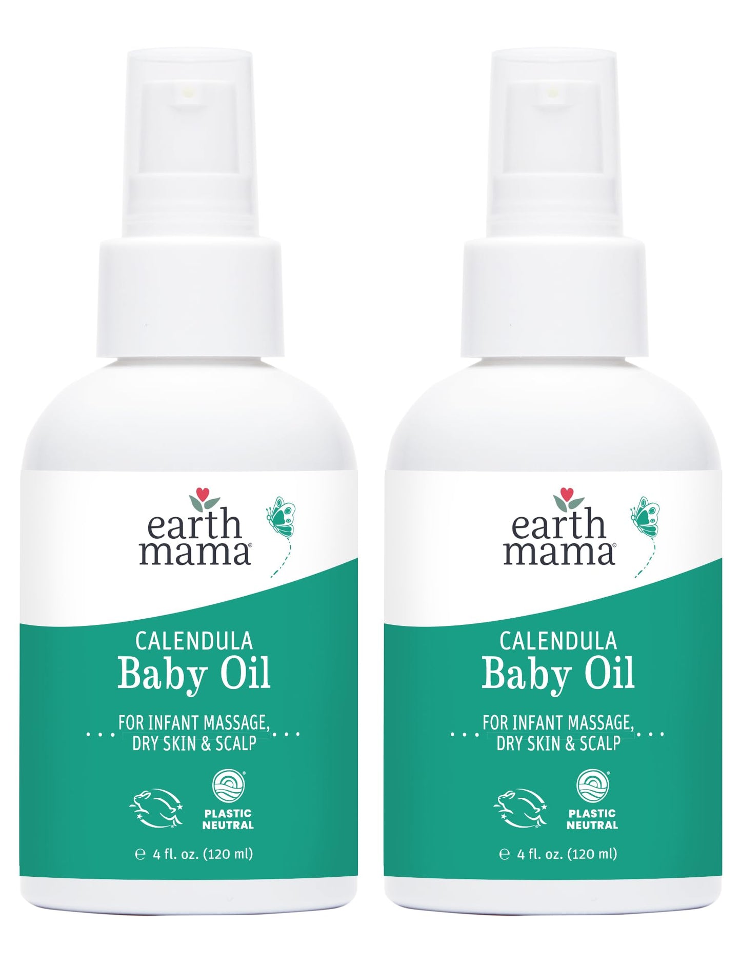 Two Earth Mama Calendula Baby Oil bottles with pump tops; green label for infant massage and dry skin