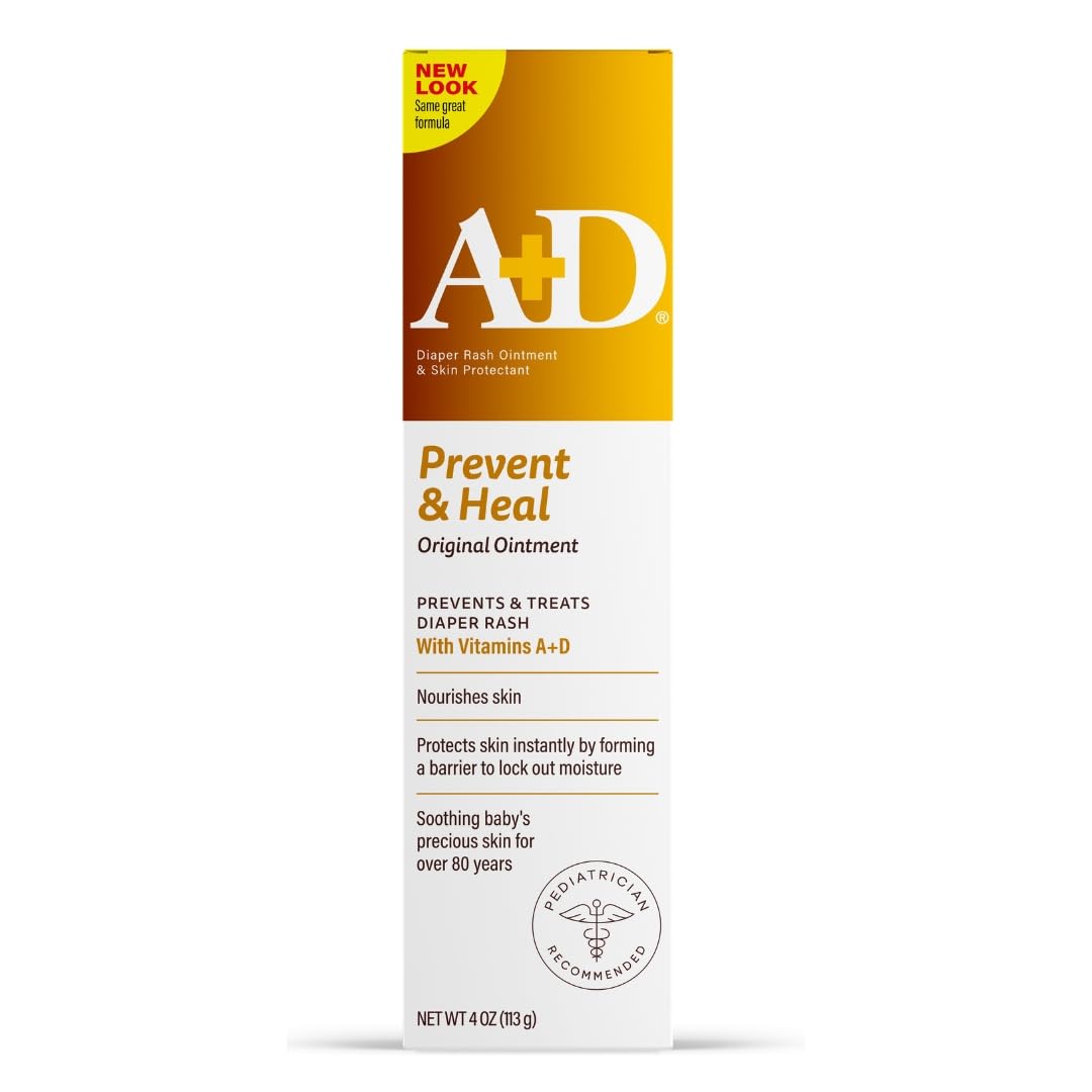 A+D Diaper Rash Ointment box in orange-gold gradient, Prevent & Heal with Vitamins A+D, 4 oz