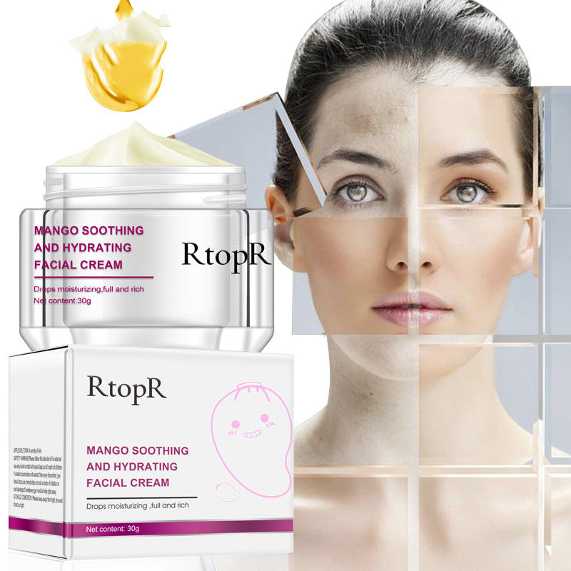 RtopR Mango Soothing and Hydrating Facial Cream jar and box, white with pink accents, for face moisturizing.