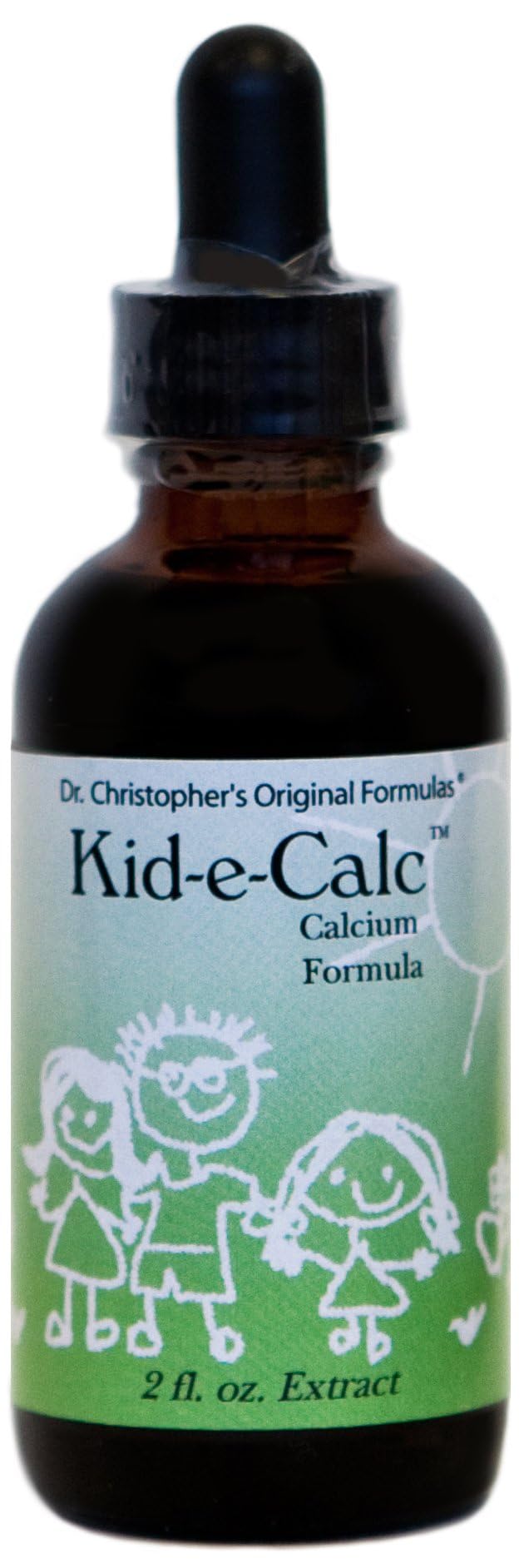 Kid-e-Calc Calcium Formula liquid dropper bottle; brown glass with Dr. Christopher's Original Formulas label, 2 fl oz