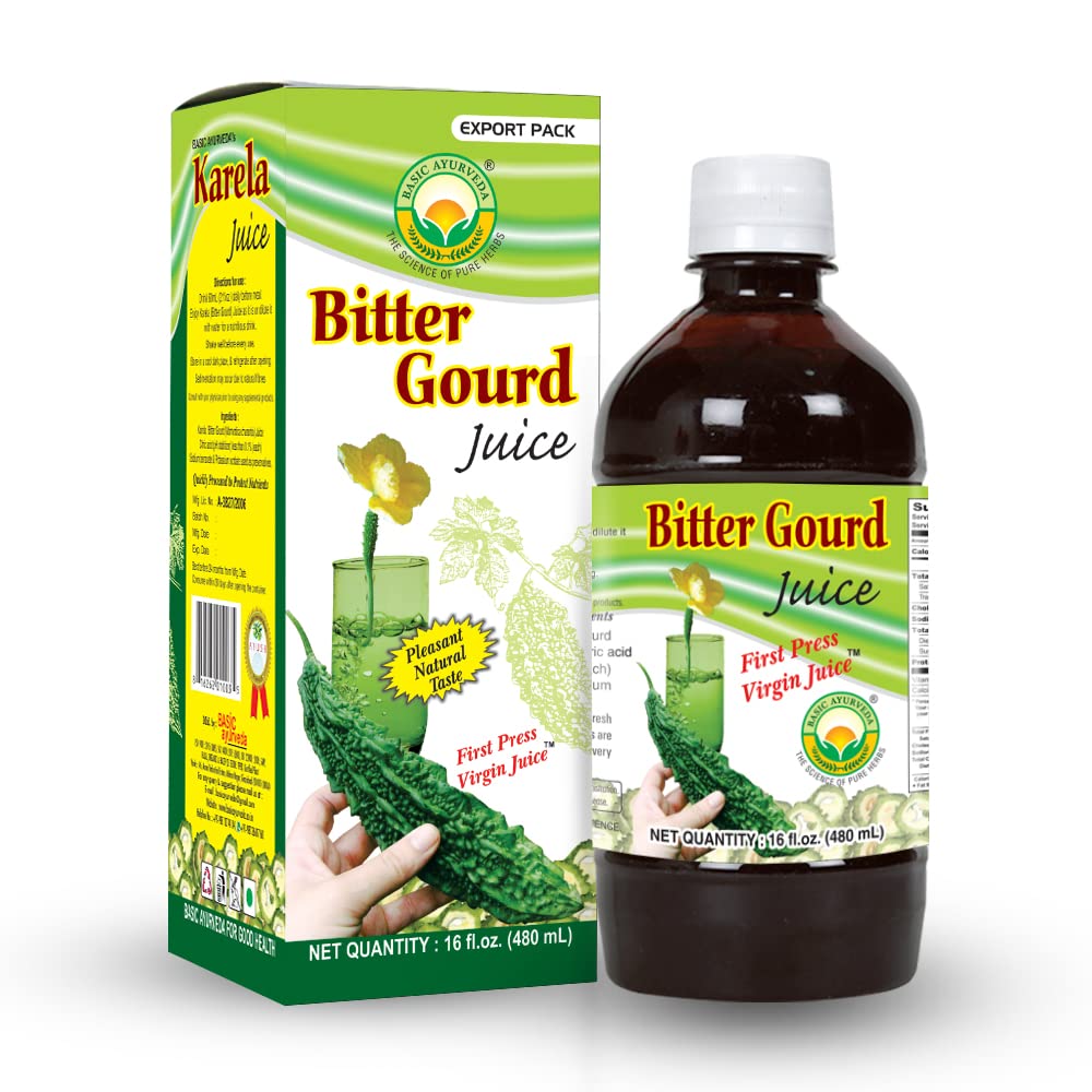 Basic Ayurveda Bitter Gourd Juice bottle and box, organic karela juice, 16 fl oz (480 ml), 2-item set