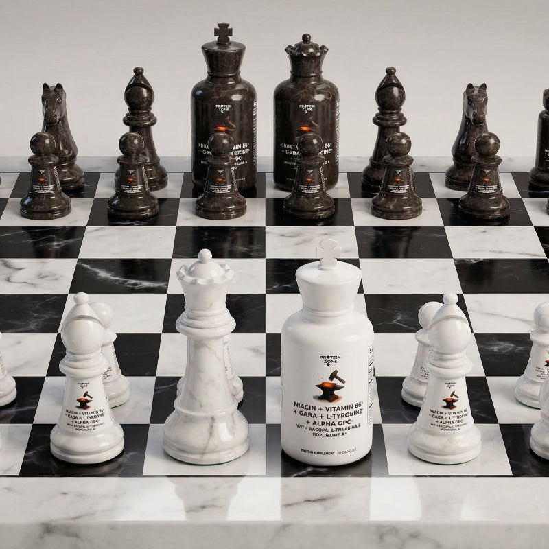 Chess pieces with bottle labels on a chessboard