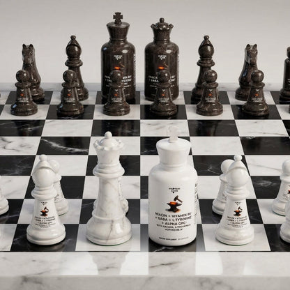 Chess pieces with bottle labels on a chessboard