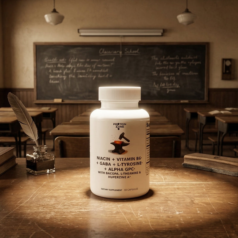 Supplement bottle on a desk in a classroom setting
