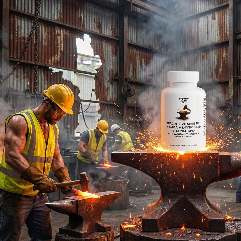 Workers in a forge with a supplement bottle superimposed