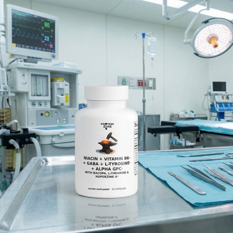 Supplement bottle labeled 'Protein Zone' on a surgical table in an operating room.