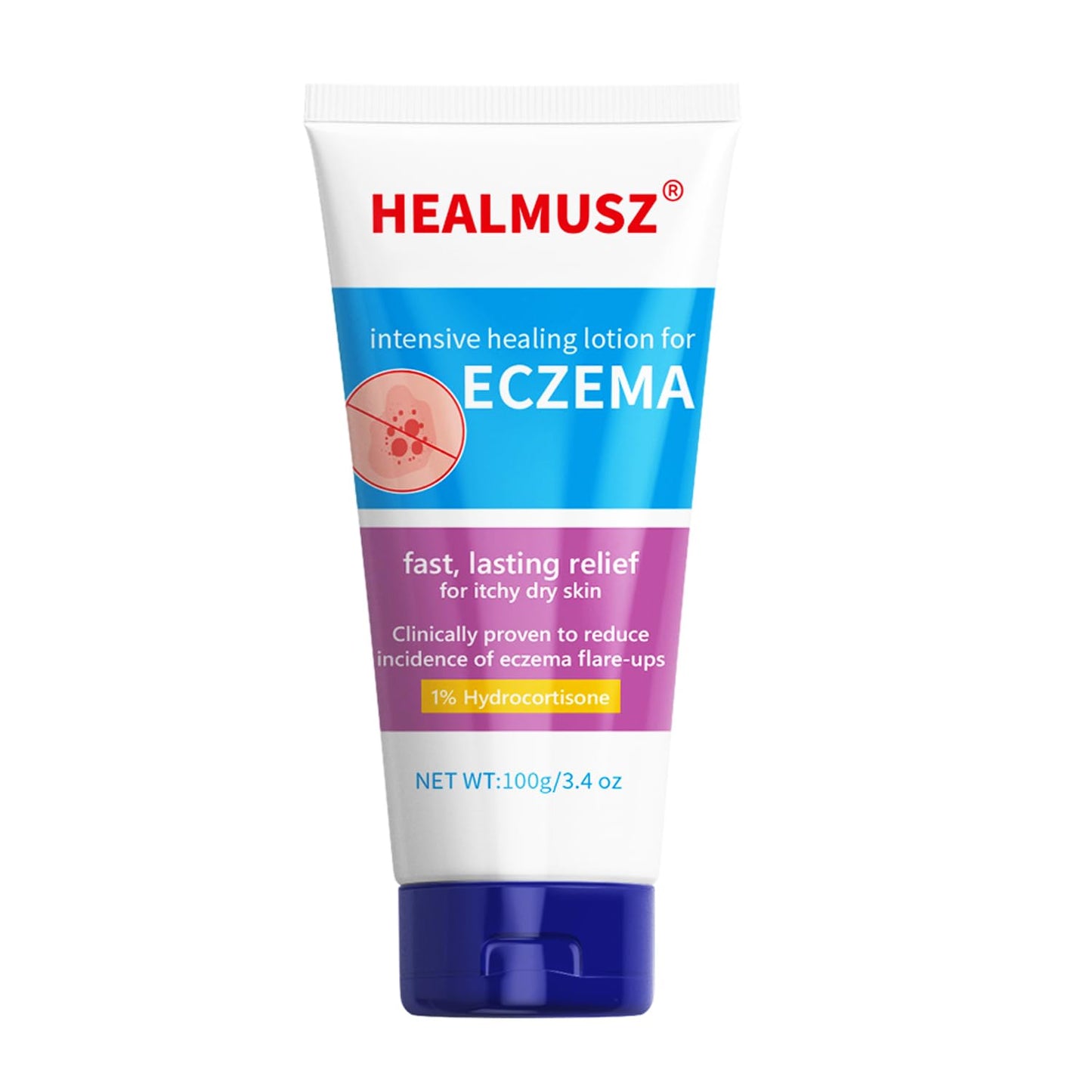 HEALMUSZ Eczema Relief Cream tube with blue and purple label, 1% hydrocortisone, for eczema-prone skin (baby & toddler).
