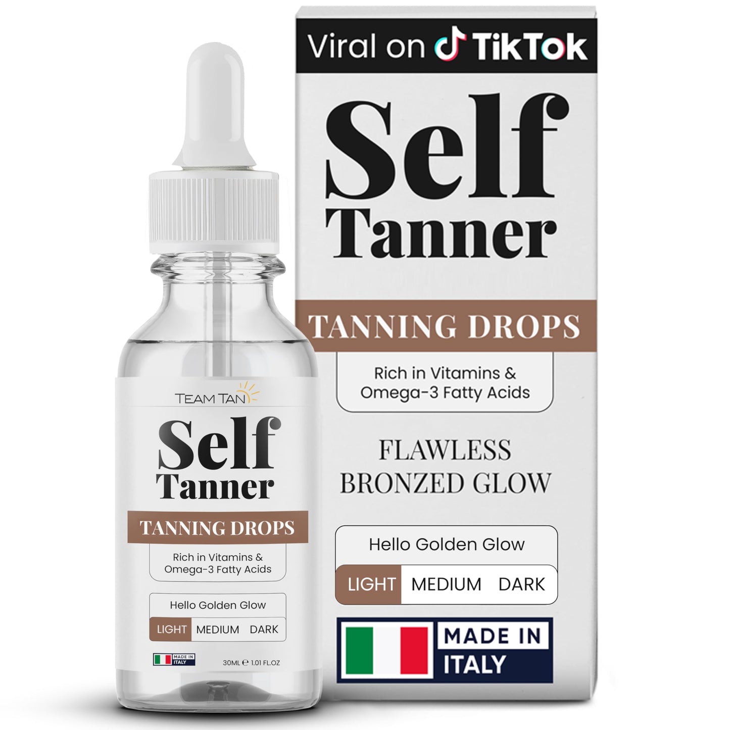 Team Tan Self Tanner tanning drops bottle with white dropper cap beside Italian-made packaging
