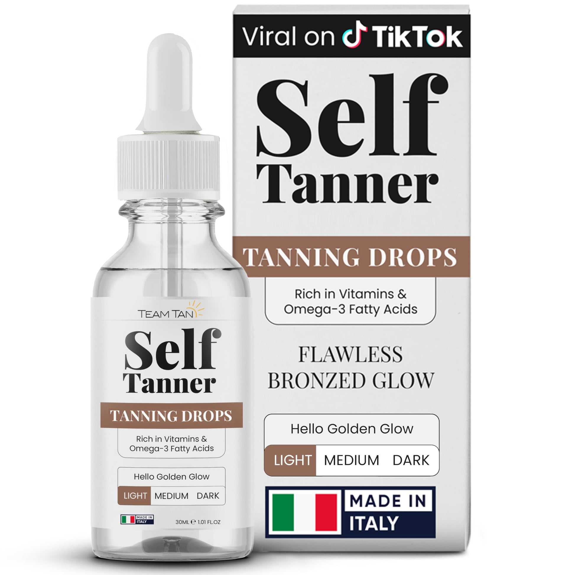 Team Tan Self Tanner tanning drops bottle with white dropper cap beside Italian-made packaging