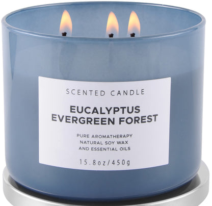 Eucalyptus Evergreen Forest Luxury 3 Wick Winter Pine Candle | Mens Candles Scented Candles for Home | Aromatherapy Stress Relief Soy Candles 15.8 oz | Balsam Fir Woods Candles for Men & Women