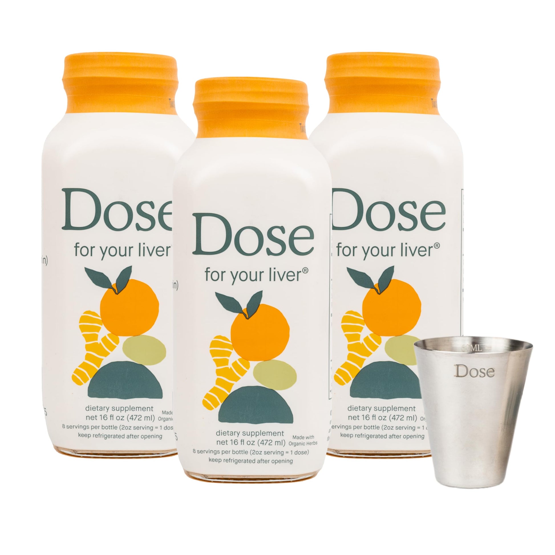 Three 16 oz Dose for Your Liver dietary supplement bottles with orange caps by Elixir-369