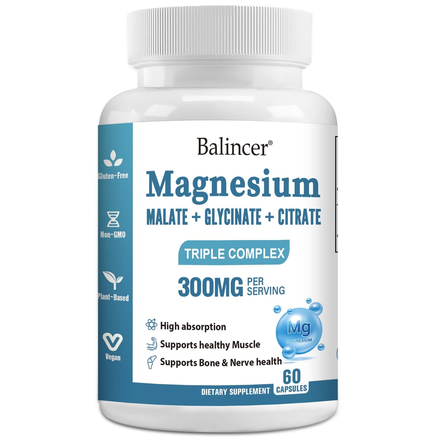 Triple Magnesium Complex 300 mg Magnesium Glycinate Malate Citrate for Easy Absorption Magnesium Complex Supplement Support Muscle Nerves Energy and Heart Health Non-GMO 60 Capsules