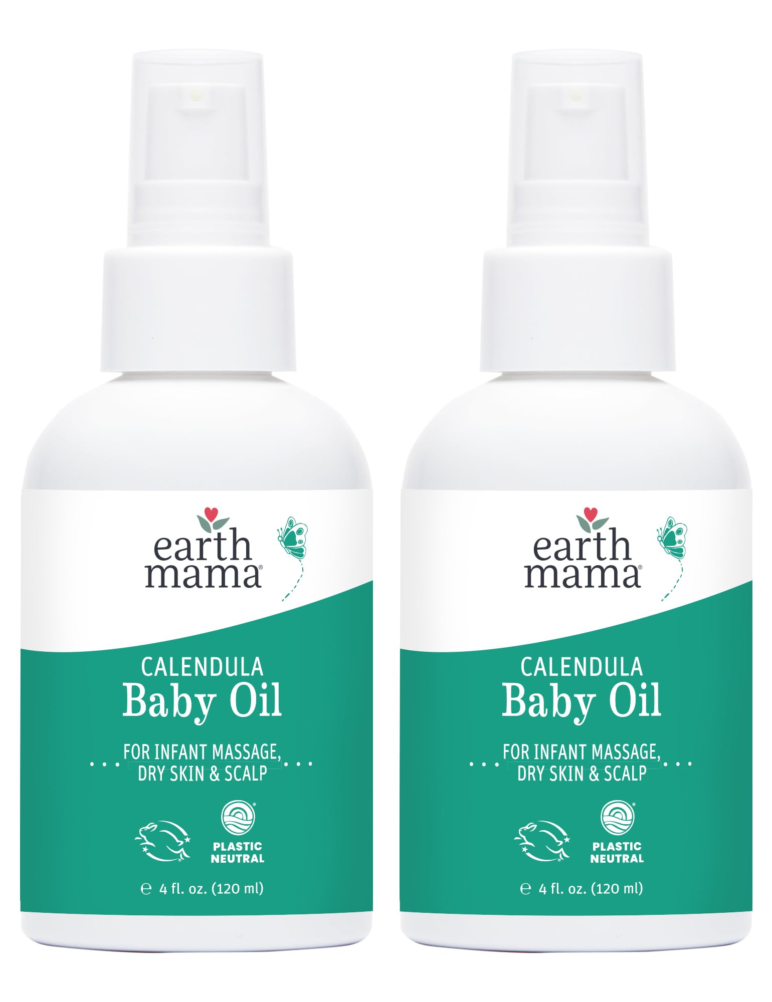 Earth Mama Calendula Baby Oil two-pack; fragrance-free massage oil for infant skin and scalp, 4 fl oz each.