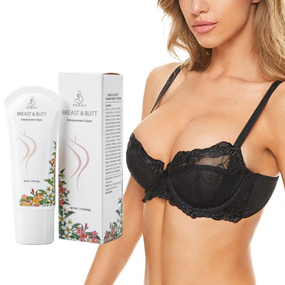 Elixir-369 Breast & Butt Enhancement Cream tube and box beside a woman in black lingerie