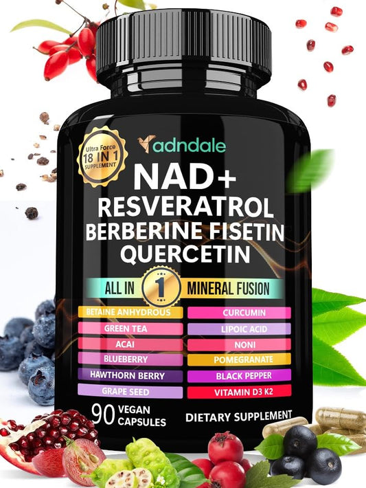 NAD Supplement 300mg & Resveratrol 1000mg Organic. Proprietary Longevity Formula with Liposomal NAD+ Trans Resveratrol Quercetin Betaine Anhydrous Grape Seed Fisetin. 90 Capsules 9555mg/Serv.
