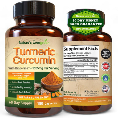 Turmeric Curcumin with Black Pepper Extract (Bioperine) & Organic Turmeric Vegan Joint Support Supplement. Extract 95% Curcuminoids 1965mg Supplement for Healthy Joints & Immune Support. 180 Capsules
