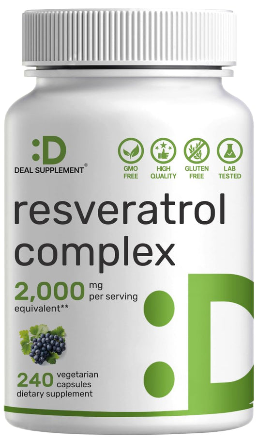 Resveratrol Complex 2000mg 240 Veggie Capsules – Extra Strength Trans-Resveratrol with Quercetin NAD Curcumin Grape Seed & More – Healthy Aging Antioxidant for Energy & Brain Support