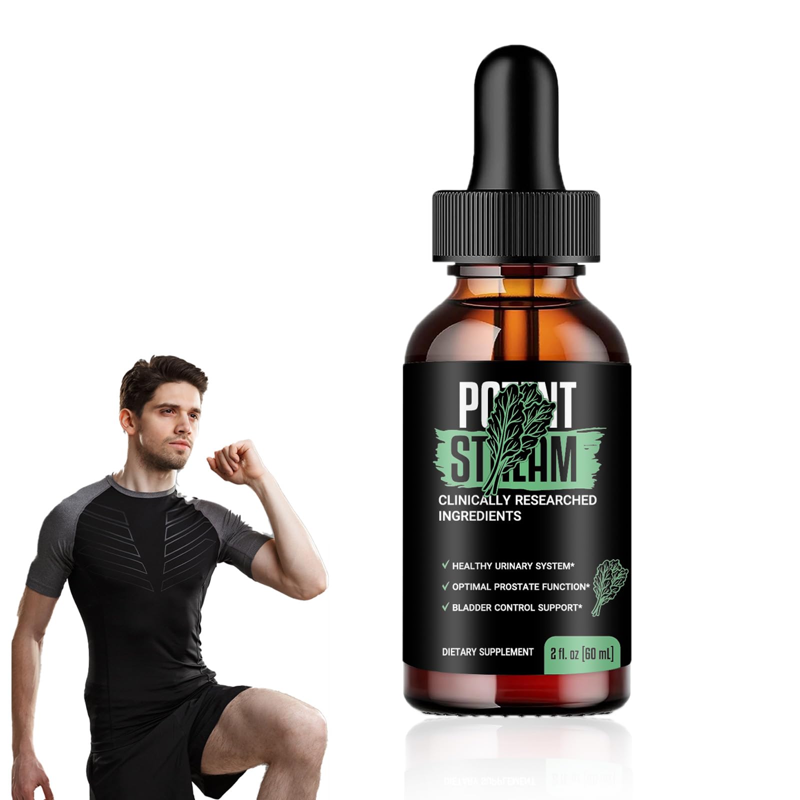 Potent Stream Drops bottle with dropper cap; amber glass, black label with leaf graphic beside a muscular man flexing.