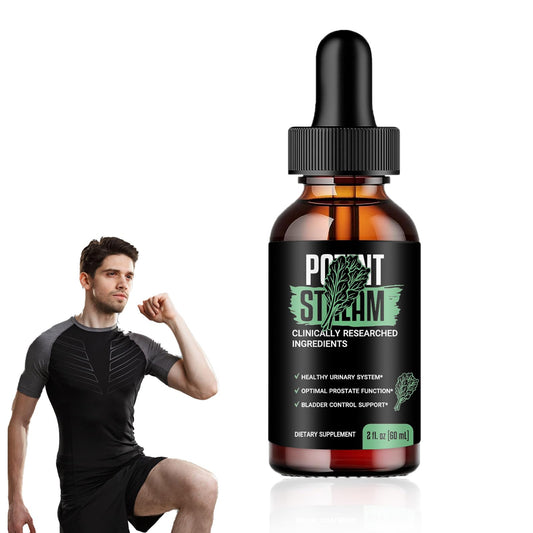 Potent Stream Drops bottle with dropper cap; amber glass, black label with leaf graphic beside a muscular man flexing.