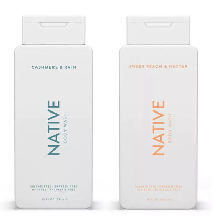 Native Body Wash 2-Pack: Sweet Peach & Nectar + Cashmere & Rain (18 fl oz each)