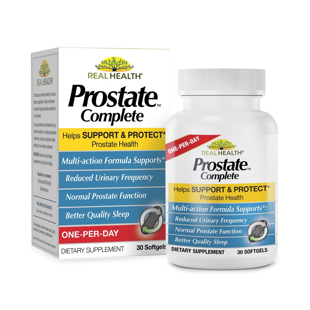 Real Health Prostate Complete box and bottle; one-per-day dietary supplement with blue-yellow label.