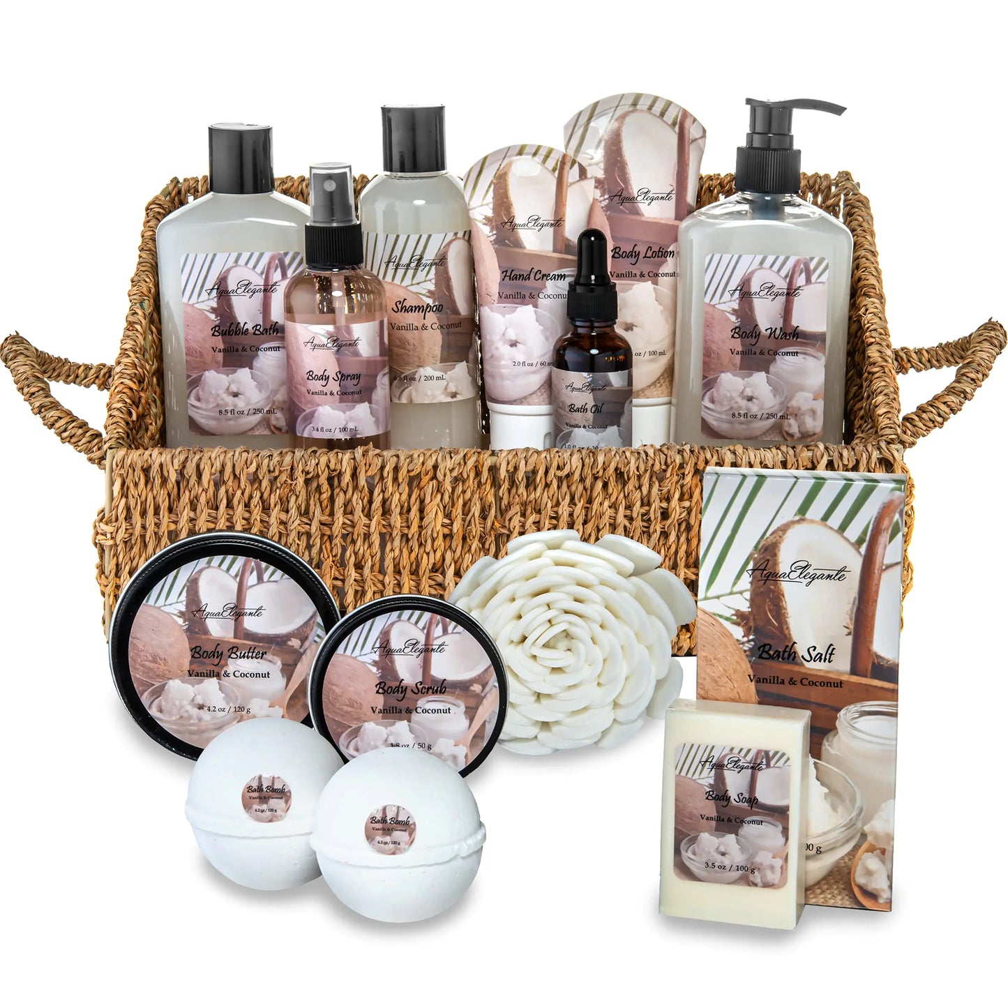 Bath Spa Gift Sets - Luxury Basket With Coconut & Vanilla - Spa Kit Includes Wash Bubble Bath Lotion Bath Salts Body Scrub Shower Puff Bathbombs Soap and Towel