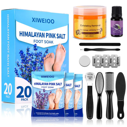 XIWEIOO Foot Soak salt kit with Tea Tree Oil - Moisturize Reduce Foot Odor & Soothe Aching Feet tool set Foot cream spa bath massager Epsom Salt foot pedicure kit at home spa